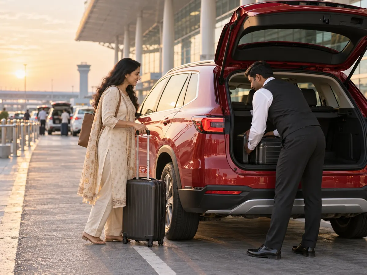 A driver loads luggage into an SUV outside the airport