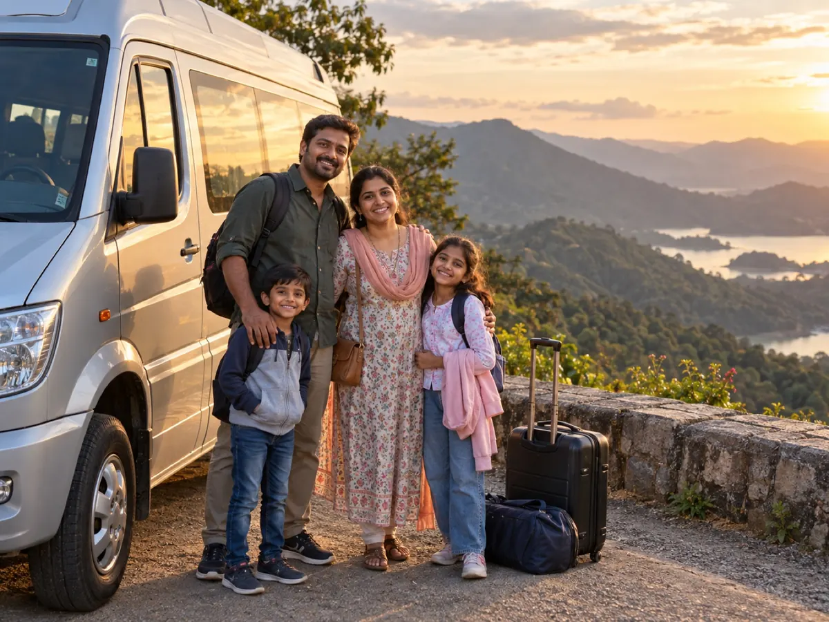 A family with their luggage beside a traveller van at a hilltop viewpoint at sunset