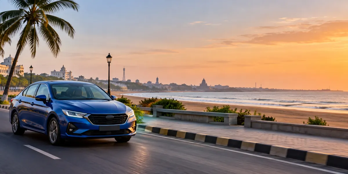 A blue sedan on a coastal city road at sunset